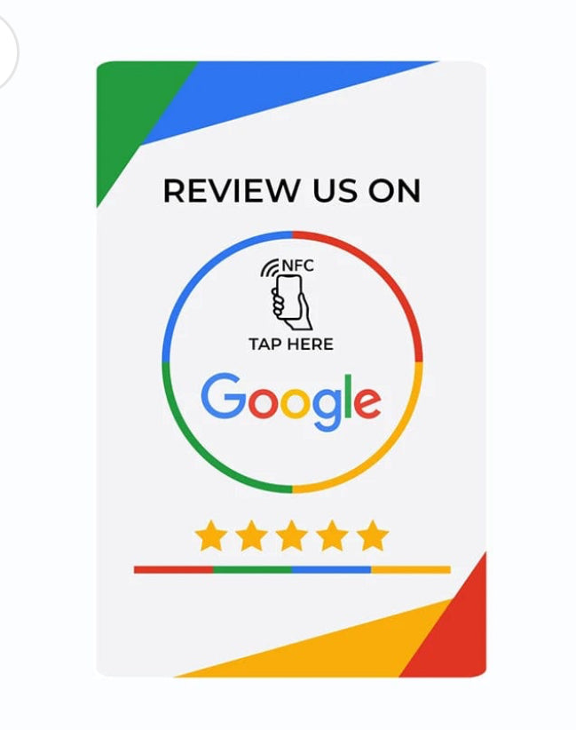 NFC-Bewertungskarte oder Tischaufsteller mit Google-Branding – ideal für schnelles, kontaktloses Hinterlassen von Bewertungen über NFC-Technologie.