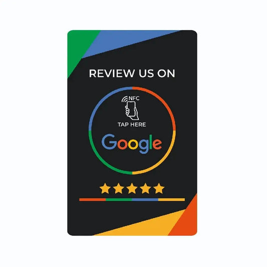 Schwarze NFC-Google-Bewertungskarte mit buntem Google-Logo, fünf Sternen und farbigen Ecken.