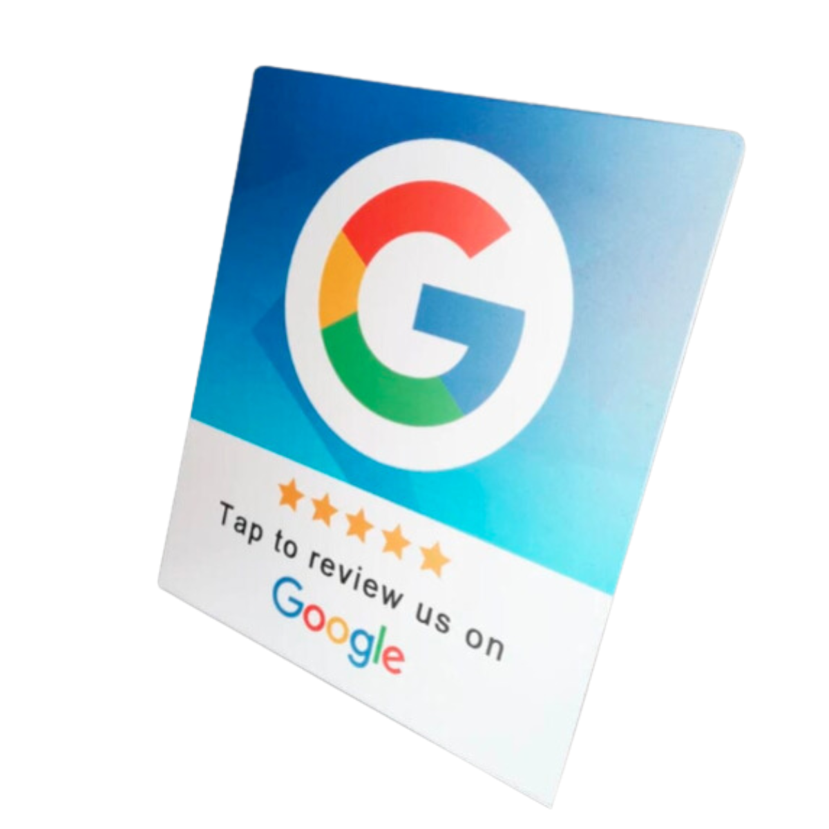 Großer Google-Bewertungs-NFC-Tischständer auf Empfangstresen in einem Geschäft