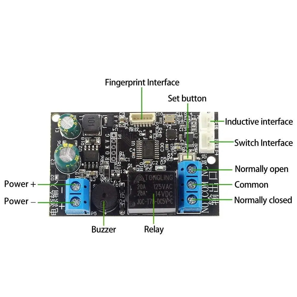 Schwarzes NFC-Fingerabdruck-Steuermodul mit blauem Relais, Buzzer und beschrifteten Anschlussklemmen.