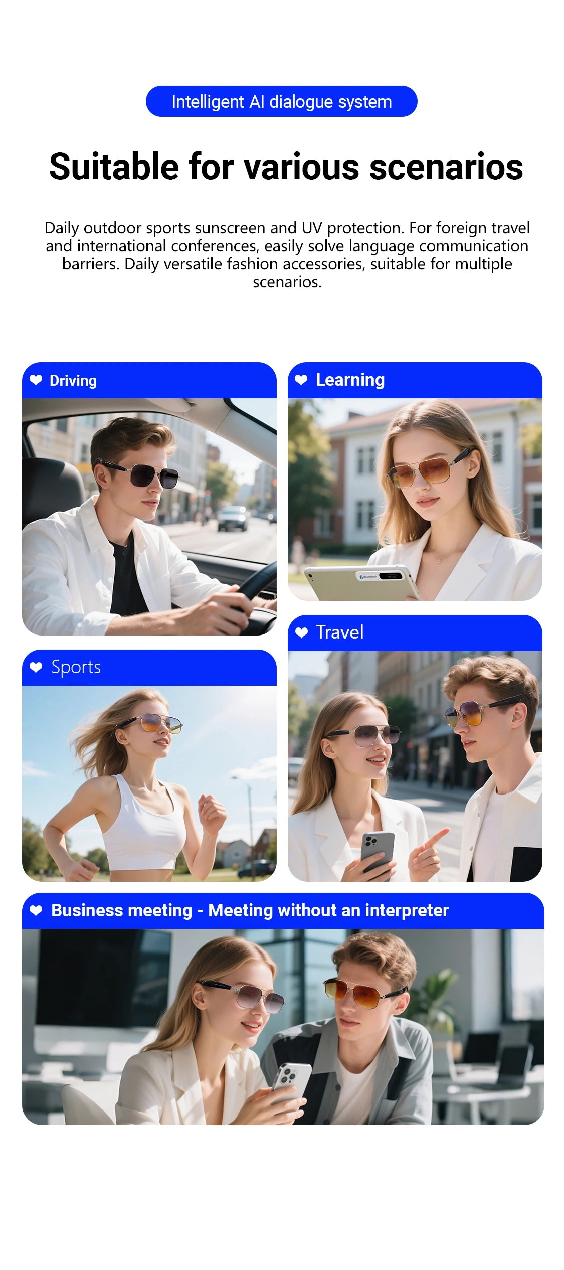 LIGE BWGY300 Smart Glasses 2025 – Women's Bluetooth Sunglasses, AI Translation, UV400, Music & Calls