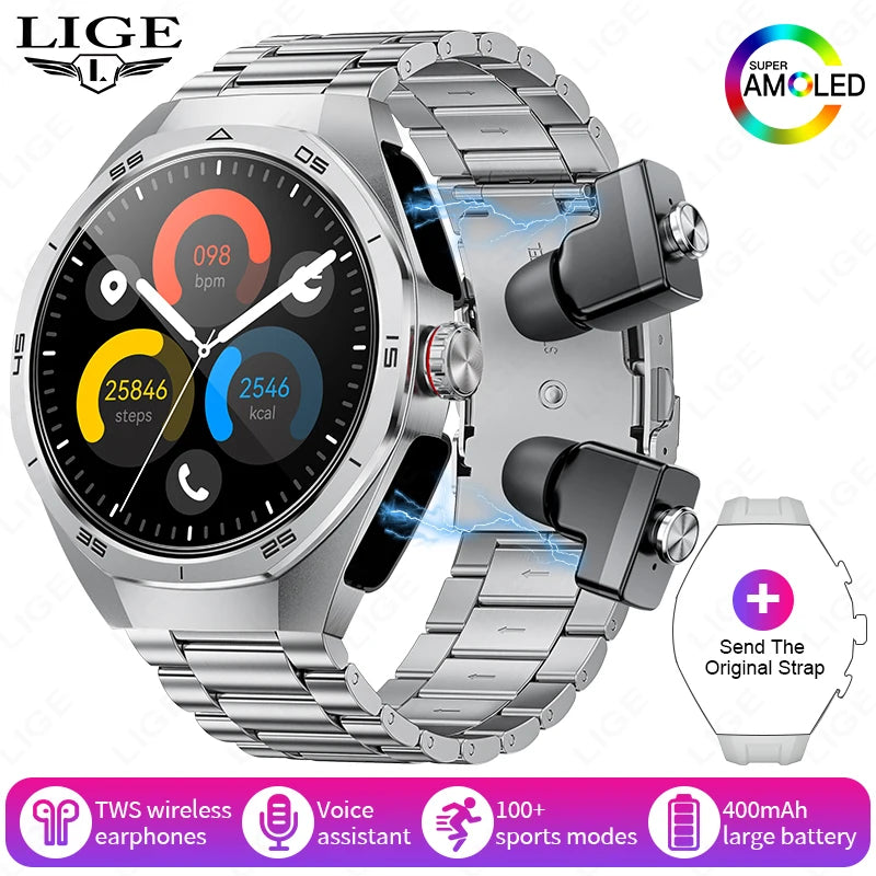 2025 LIGE 2-in-1 Smartwatch Men – NFC, Built-in TWS Earphones, 1.53-inch HD AMOLED, Bluetooth Call, Fitness & Sports Smartwatch
