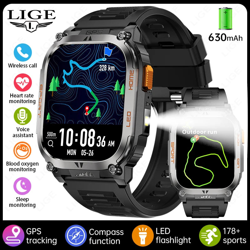LIGE 2025 Smartwatch Men – 2.01" HD AMOLED, GPS, IP68 Waterproof, Outdoor Sports, LED Flashlight, Bluetooth Calls