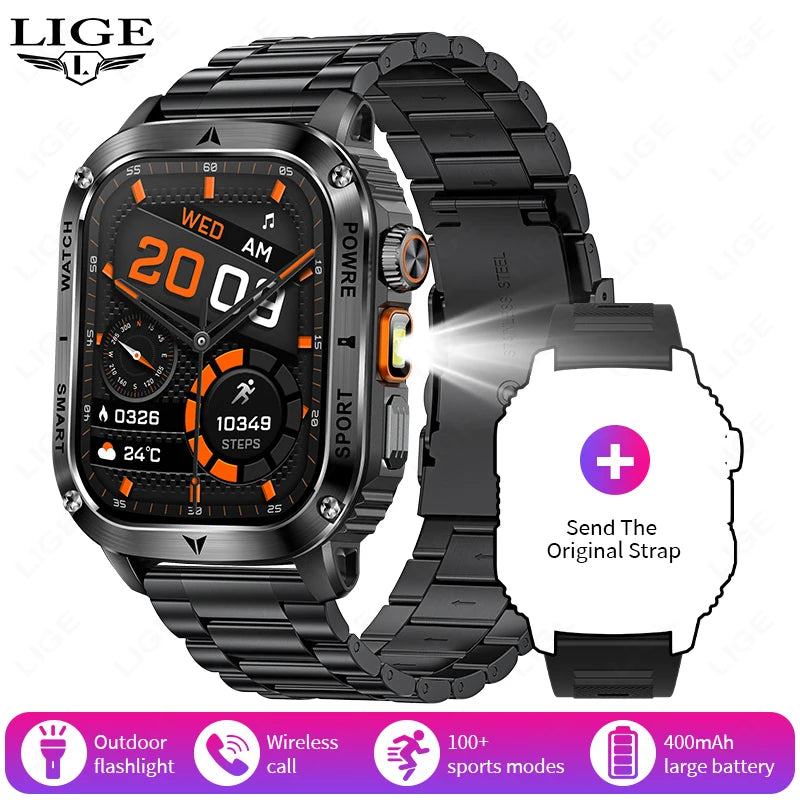 LIGE 2025 Premium Military Smartwatch Men – Outdoor Sports Tracker, Bluetooth Call, Flashlight, IP68 Waterproof, 400 mAh Battery