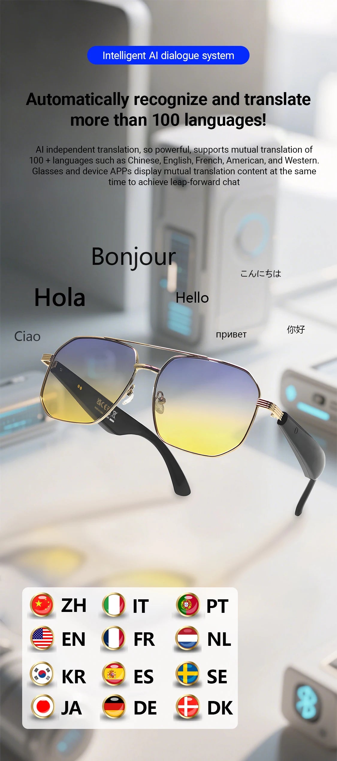 LIGE BWGY300 Smart Glasses 2025 – Women's Bluetooth Sunglasses, AI Translation, UV400, Music & Calls