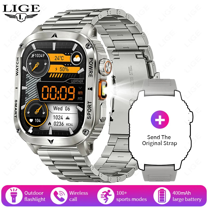 LIGE 2025 Premium Military Smartwatch Men – Outdoor Sports Tracker, Bluetooth Call, Flashlight, IP68 Waterproof, 400 mAh Battery
