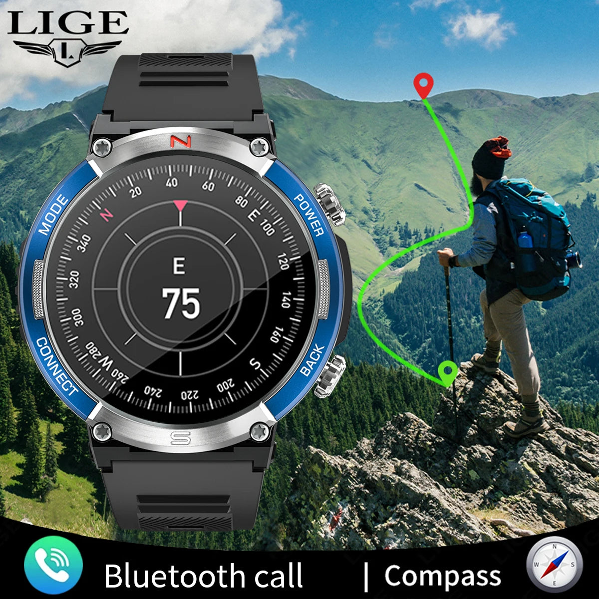 LIGE 2024 Outdoor Smartwatch for Men – Bluetooth Call, Compass, Fitness & Health Monitor, IP68 Waterproof, 1.52" IPS Display