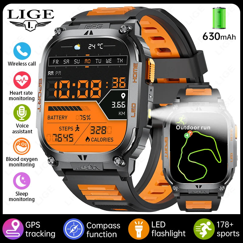 LIGE 2025 Smartwatch Men – 2.01" HD AMOLED, GPS, IP68 Waterproof, Outdoor Sports, LED Flashlight, Bluetooth Calls