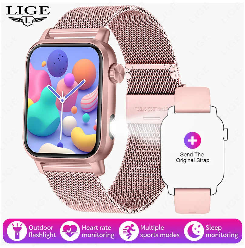 LIGE LED Smartwatch Women – 1.85″ HD Screen, Health Monitor, Fitness Tracker, AI Voice Assistant, Bluetooth Call