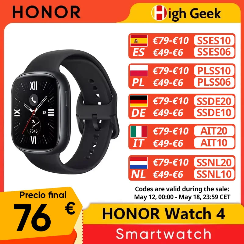 ساعة HONOR Watch 4 الذكية - شاشة AMOLED مقاس 1.75 بوصة، نظام تحديد المواقع العالمي (GPS)، معدل ضربات القلب ونسبة الأكسجين في الدم (SpO₂)، بلوتوث 5.2، مقاومة للماء حتى عمق 5 أمتار، بطارية تدوم 14 يومًا | تاجي تيك