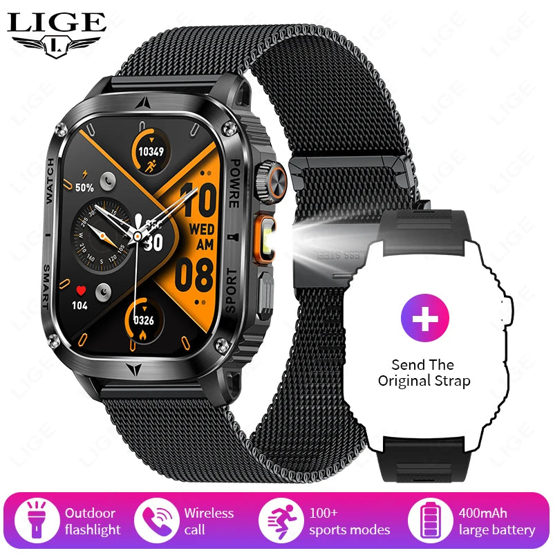 LIGE 2025 Premium Military Smartwatch Men – Outdoor Sports Tracker, Bluetooth Call, Flashlight, IP68 Waterproof, 400 mAh Battery