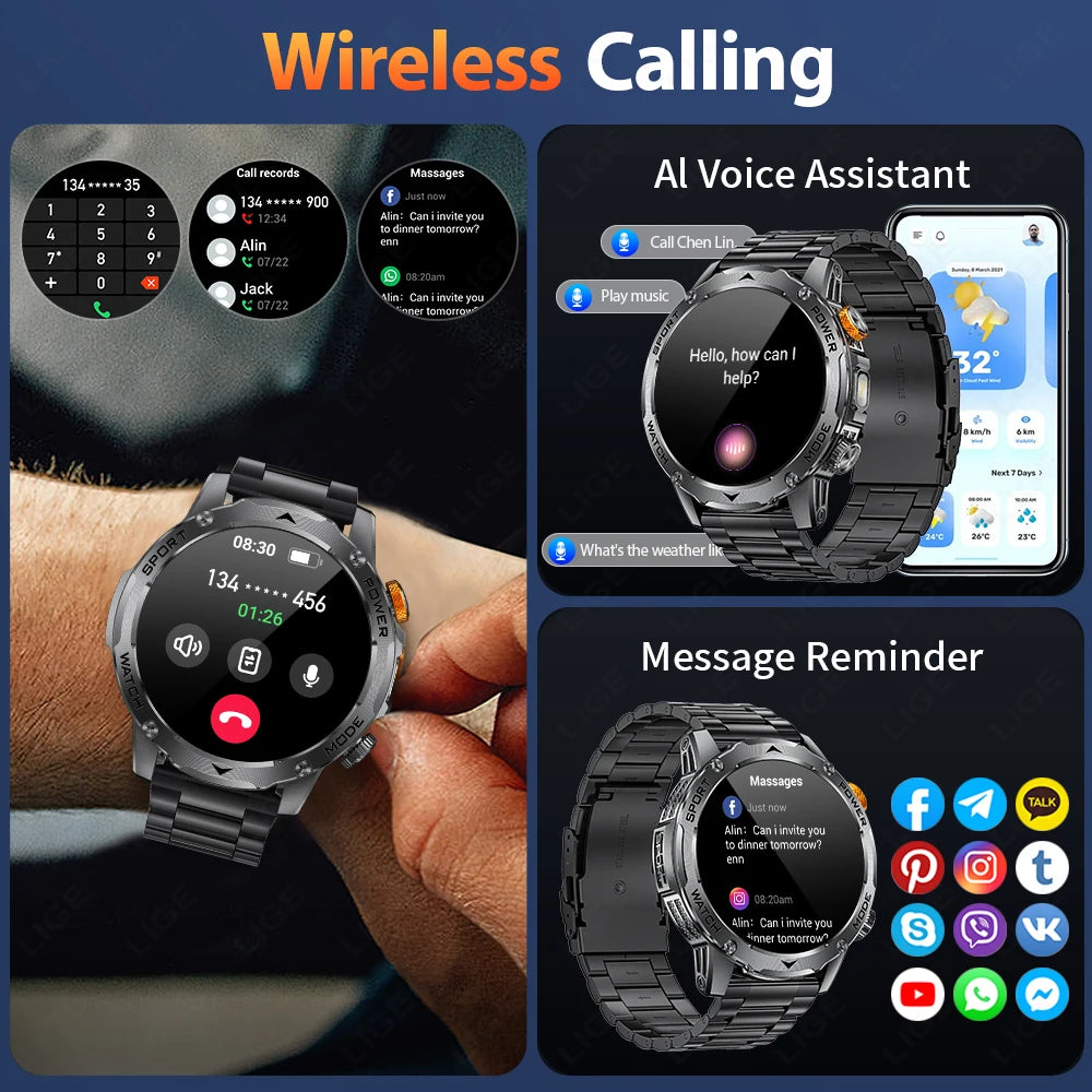 LIGE Smartwatch Men 2025 – 1000 mAh Battery, Outdoor, Bluetooth Call, Sports & Flashlight