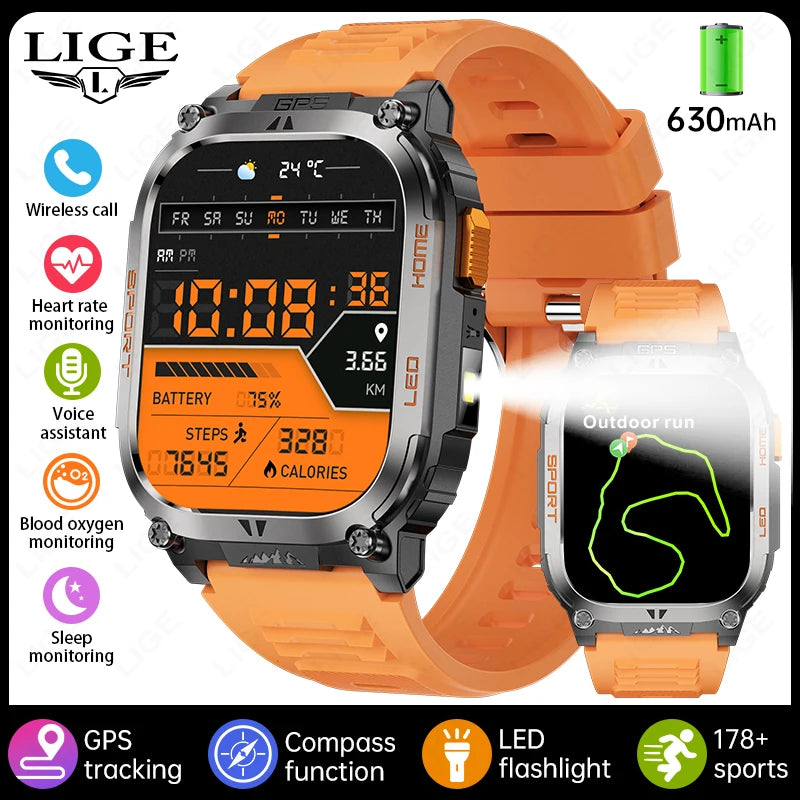 LIGE 2025 Smartwatch Men – 2.01" HD AMOLED, GPS, IP68 Waterproof, Outdoor Sports, LED Flashlight, Bluetooth Calls