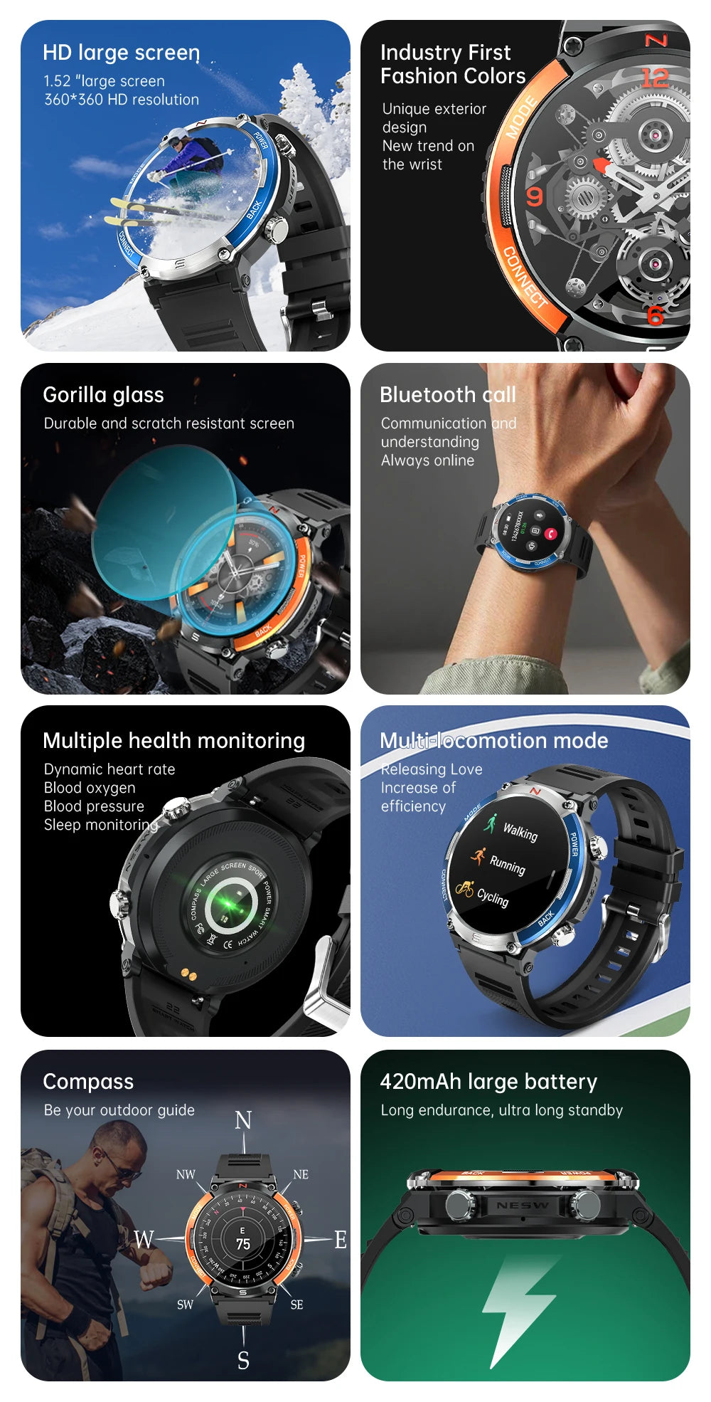LIGE 2024 Outdoor Smartwatch for Men – Bluetooth Call, Compass, Fitness & Health Monitor, IP68 Waterproof, 1.52" IPS Display