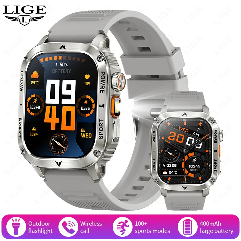 LIGE 2025 Premium Military Smartwatch Men – Outdoor Sports Tracker, Bluetooth Call, Flashlight, IP68 Waterproof, 400 mAh Battery