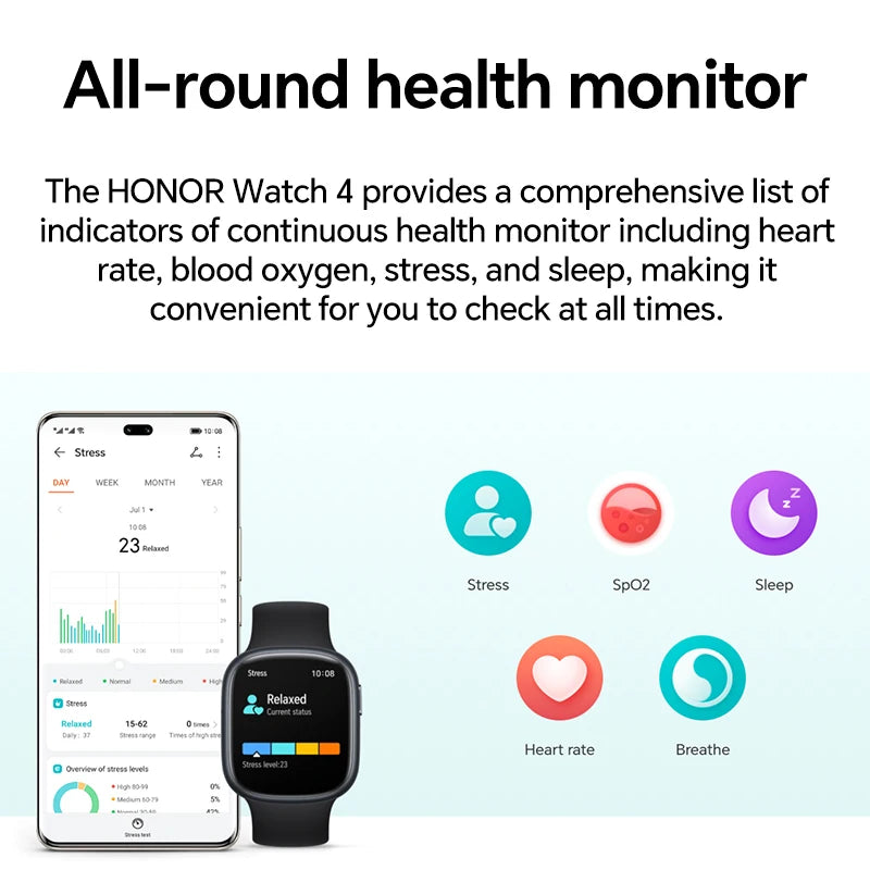 ساعة HONOR Watch 4 الذكية - شاشة AMOLED مقاس 1.75 بوصة، نظام تحديد المواقع العالمي (GPS)، معدل ضربات القلب ونسبة الأكسجين في الدم (SpO₂)، بلوتوث 5.2، مقاومة للماء حتى عمق 5 أمتار، بطارية تدوم 14 يومًا | تاجي تيك