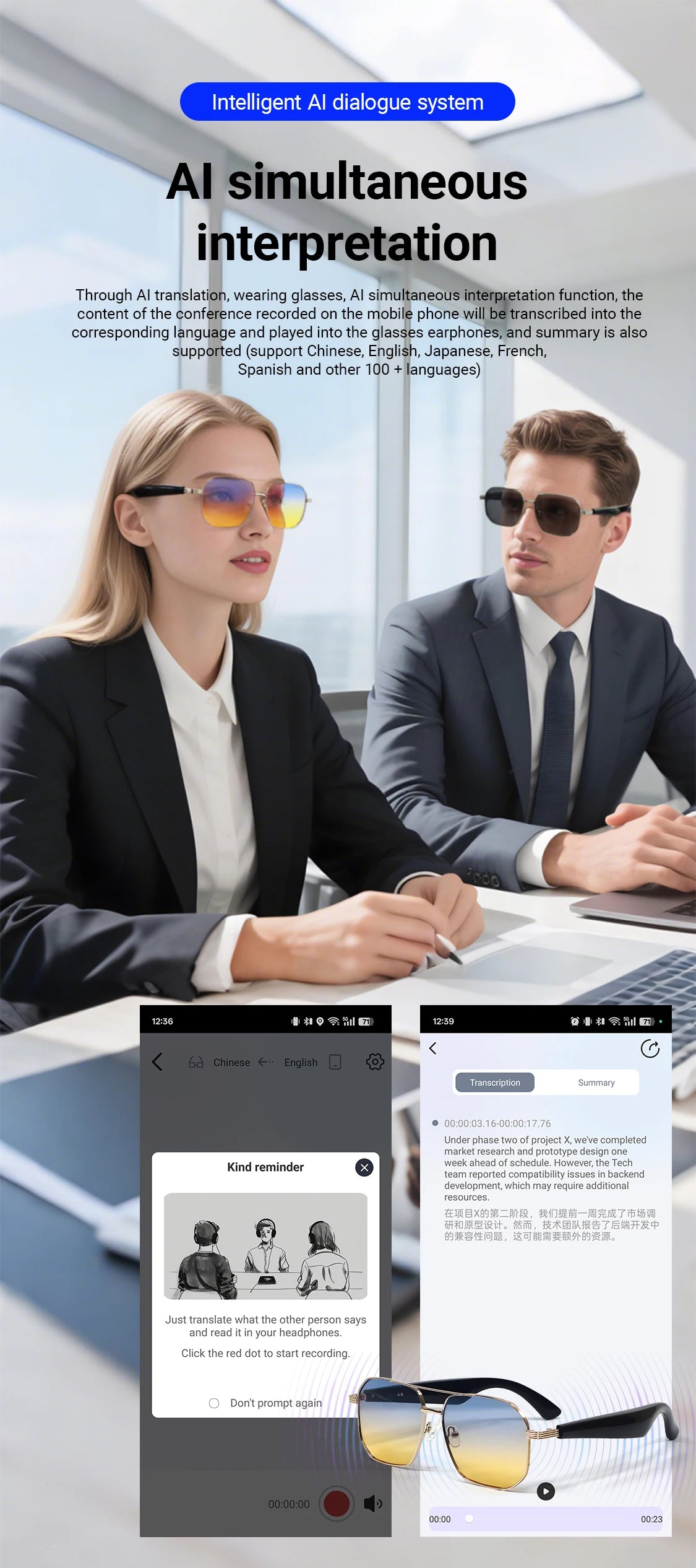 LIGE BWGY300 Smart Glasses 2025 – Women's Bluetooth Sunglasses, AI Translation, UV400, Music & Calls