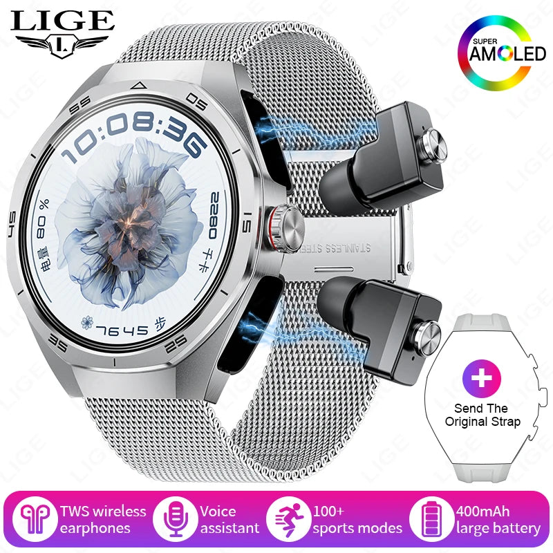 2025 LIGE 2-in-1 Smartwatch Men – NFC, Built-in TWS Earphones, 1.53-inch HD AMOLED, Bluetooth Call, Fitness & Sports Smartwatch