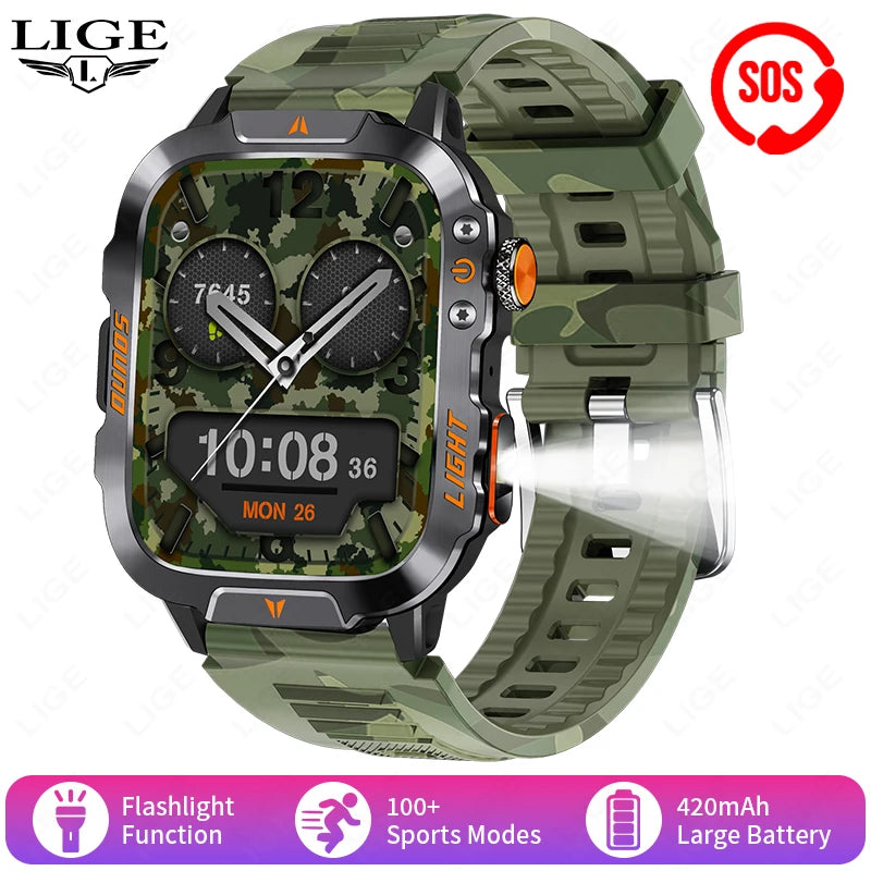 LIGE Militärische Smartwatch 2025 – Wasserdicht, Outdoor Sport Tracker, LED-Taschenlampe, Bluetooth-Anruf | Taggytech