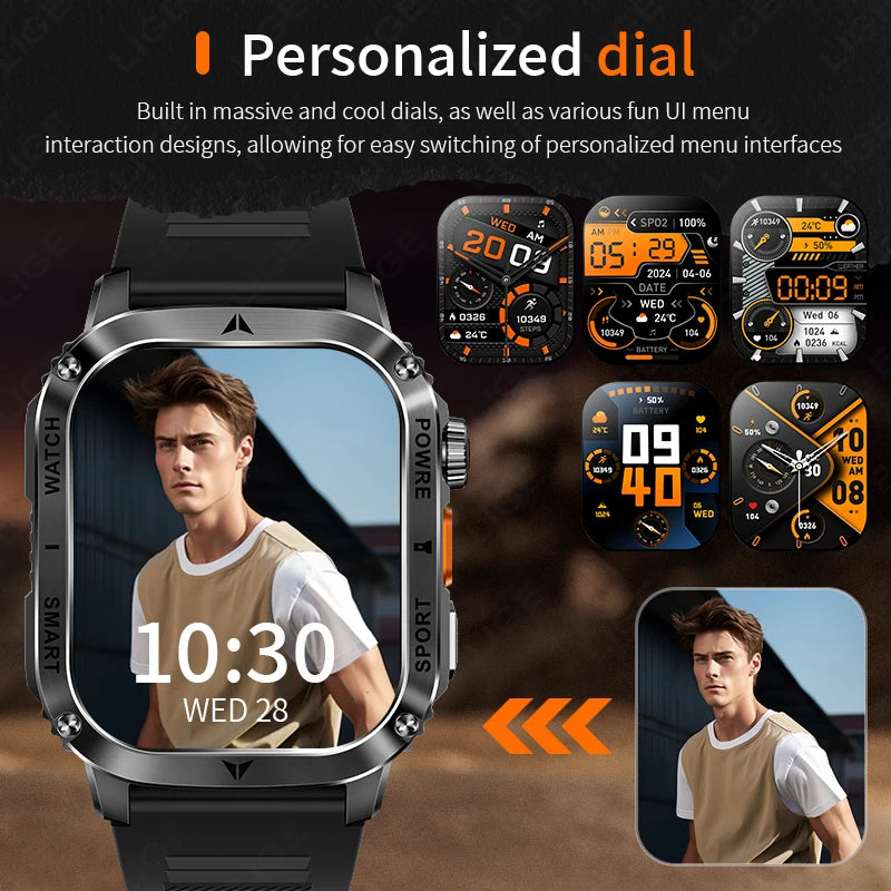 LIGE 2025 Premium Military Smartwatch Men – Outdoor Sports Tracker, Bluetooth Call, Flashlight, IP68 Waterproof, 400 mAh Battery