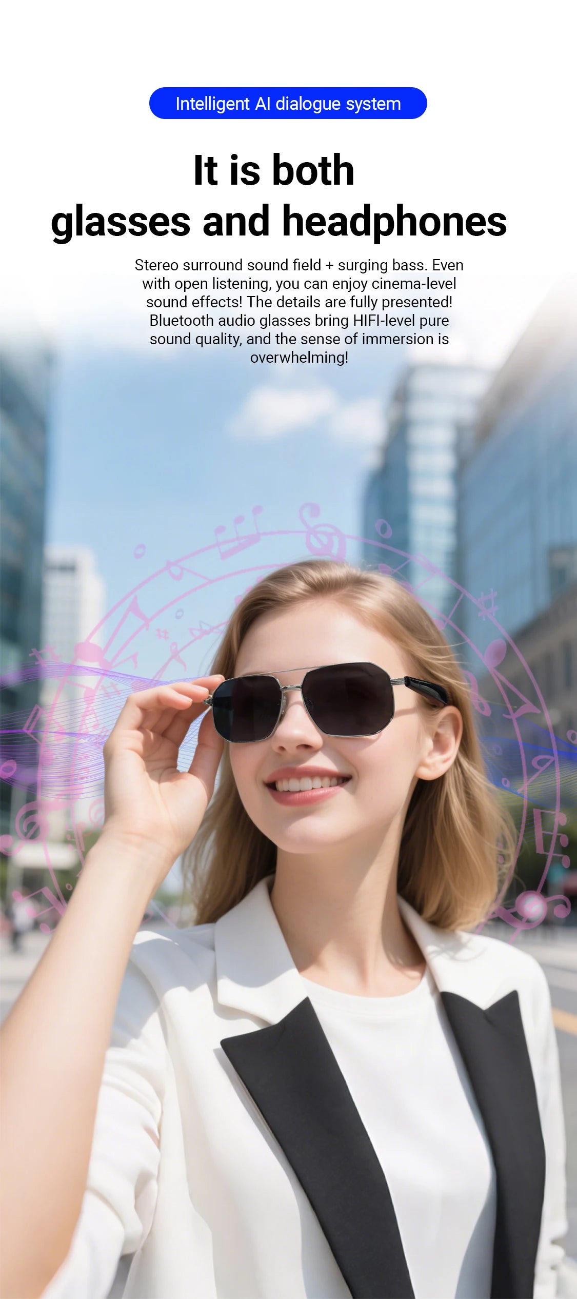 LIGE BWGY300 Smart Glasses 2025 – Women's Bluetooth Sunglasses, AI Translation, UV400, Music & Calls