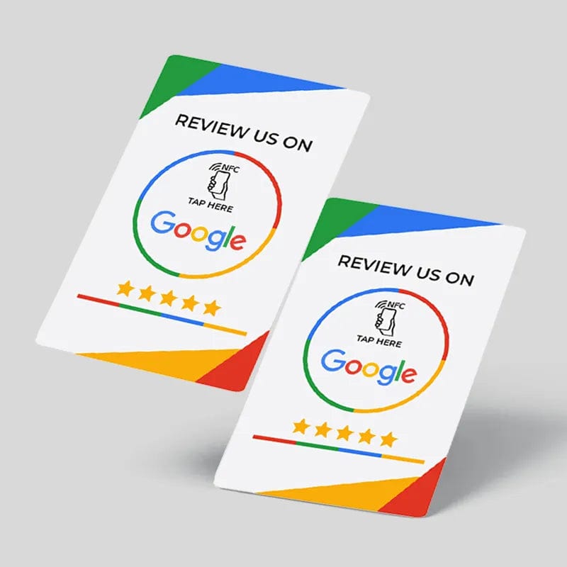 Zwei NFC Google Bewertungskarten nebeneinander mit farbigem Design
