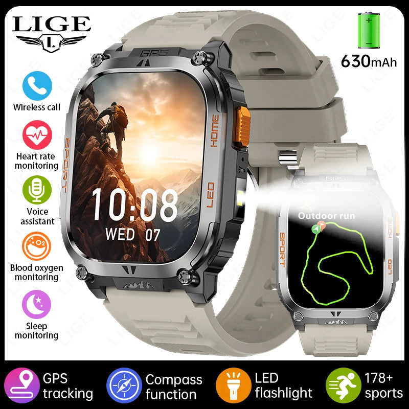 LIGE 2025 Smartwatch Men – 2.01" HD AMOLED, GPS, IP68 Waterproof, Outdoor Sports, LED Flashlight, Bluetooth Calls