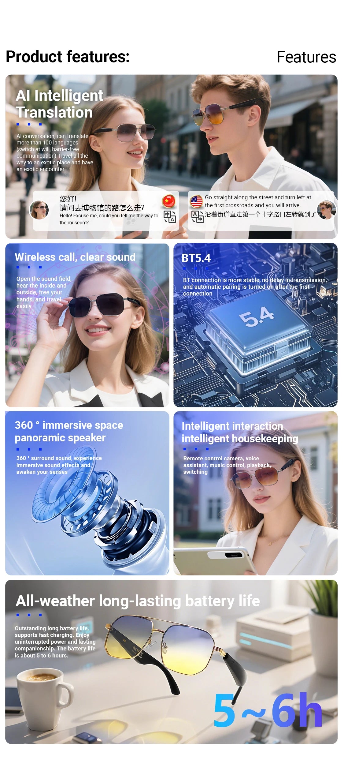LIGE BWGY300 Smart Glasses 2025 – Women's Bluetooth Sunglasses, AI Translation, UV400, Music & Calls