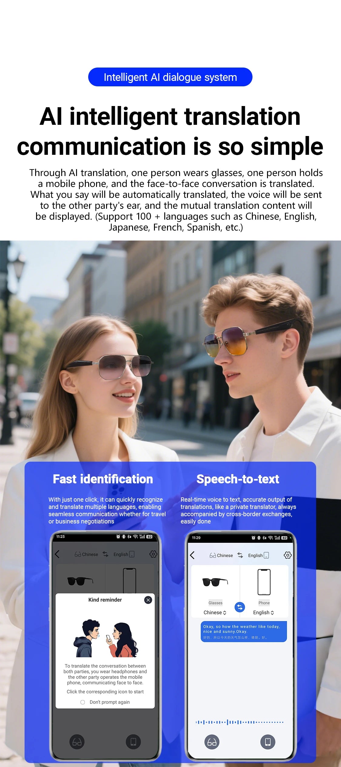 LIGE BWGY300 Smart Glasses 2025 – Women's Bluetooth Sunglasses, AI Translation, UV400, Music & Calls