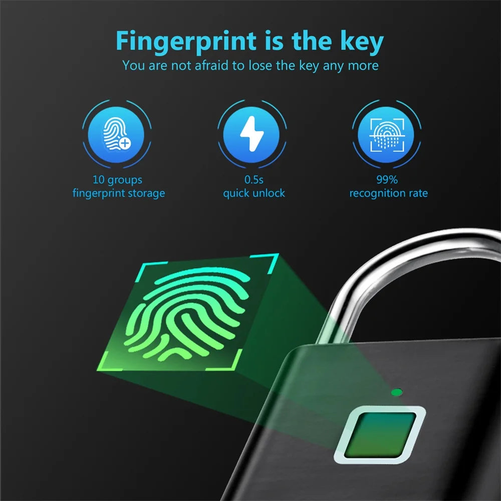 KERUI Smart Fingerabdruck-Vorhängeschloss – USB-Aufladung, IP67 wasserdicht, tragbar, 0,2 s Entsperrung, Diebstahlschutz