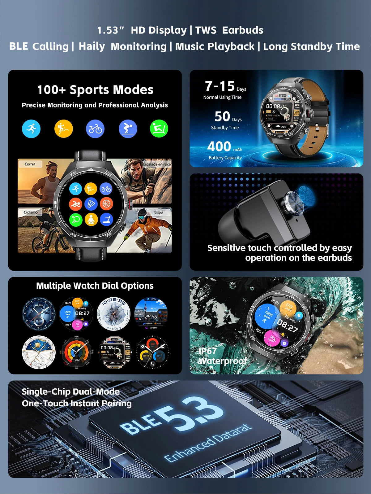 2025 LIGE 2-in-1 Smartwatch Men – NFC, Built-in TWS Earphones, 1.53-inch HD AMOLED, Bluetooth Call, Fitness & Sports Smartwatch