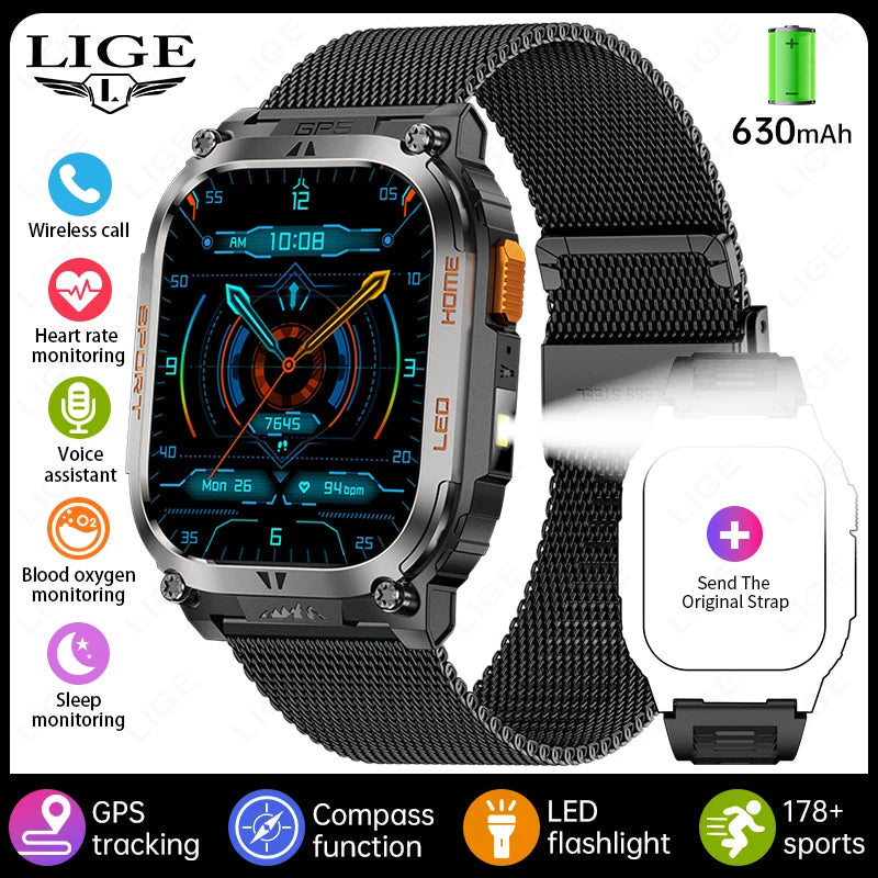 LIGE 2025 Smartwatch Men – 2.01" HD AMOLED, GPS, IP68 Waterproof, Outdoor Sports, LED Flashlight, Bluetooth Calls