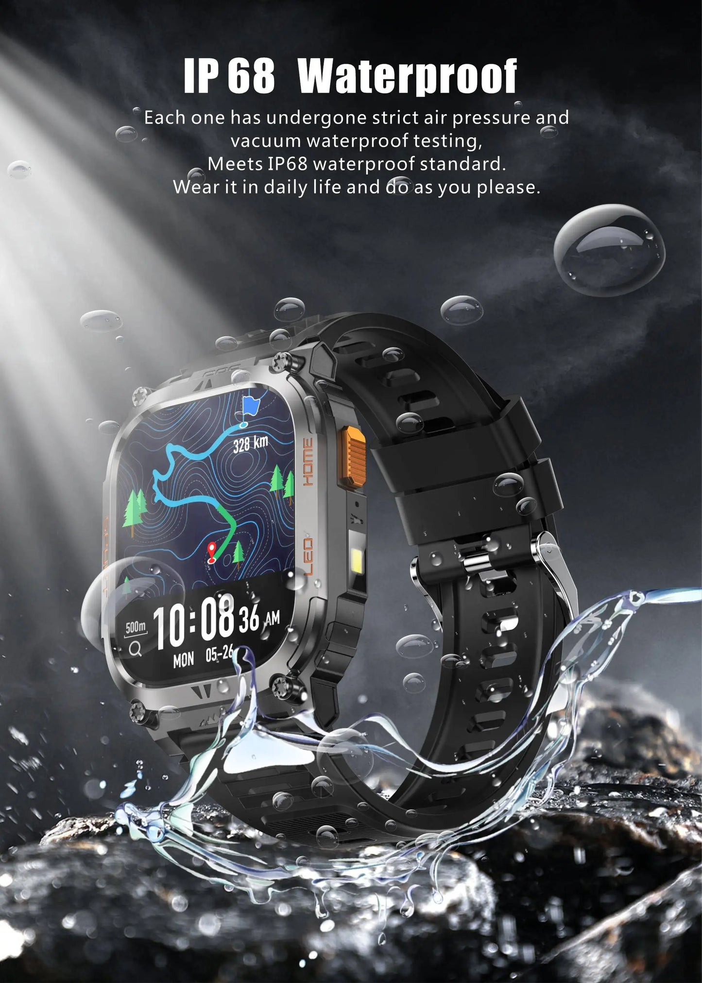 LIGE 2025 Smartwatch Men – 2.01" HD AMOLED, GPS, IP68 Waterproof, Outdoor Sports, LED Flashlight, Bluetooth Calls