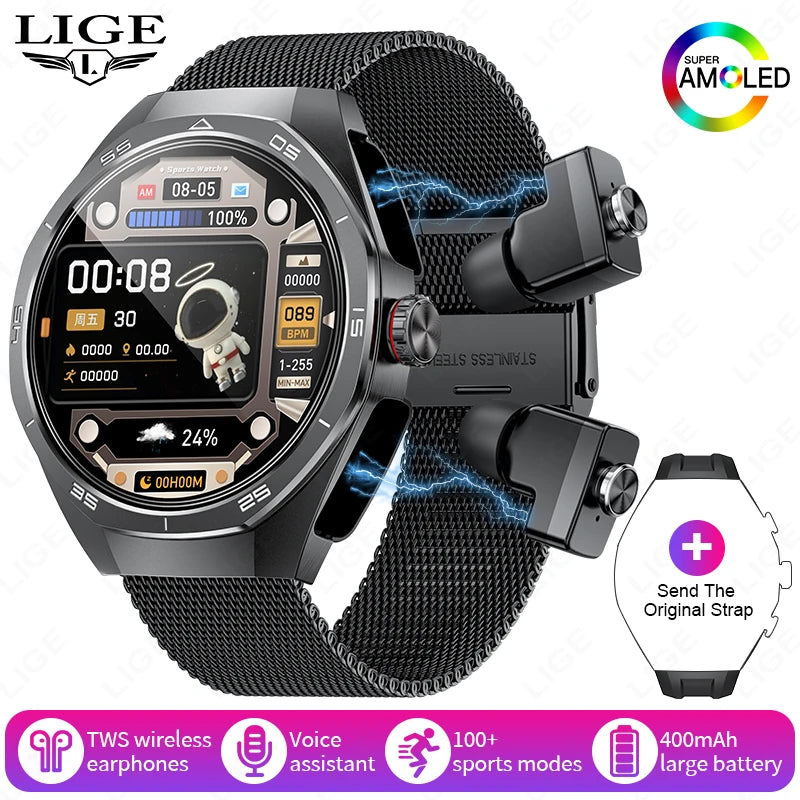 2025 LIGE 2-in-1 Smartwatch Men – NFC, Built-in TWS Earphones, 1.53-inch HD AMOLED, Bluetooth Call, Fitness & Sports Smartwatch