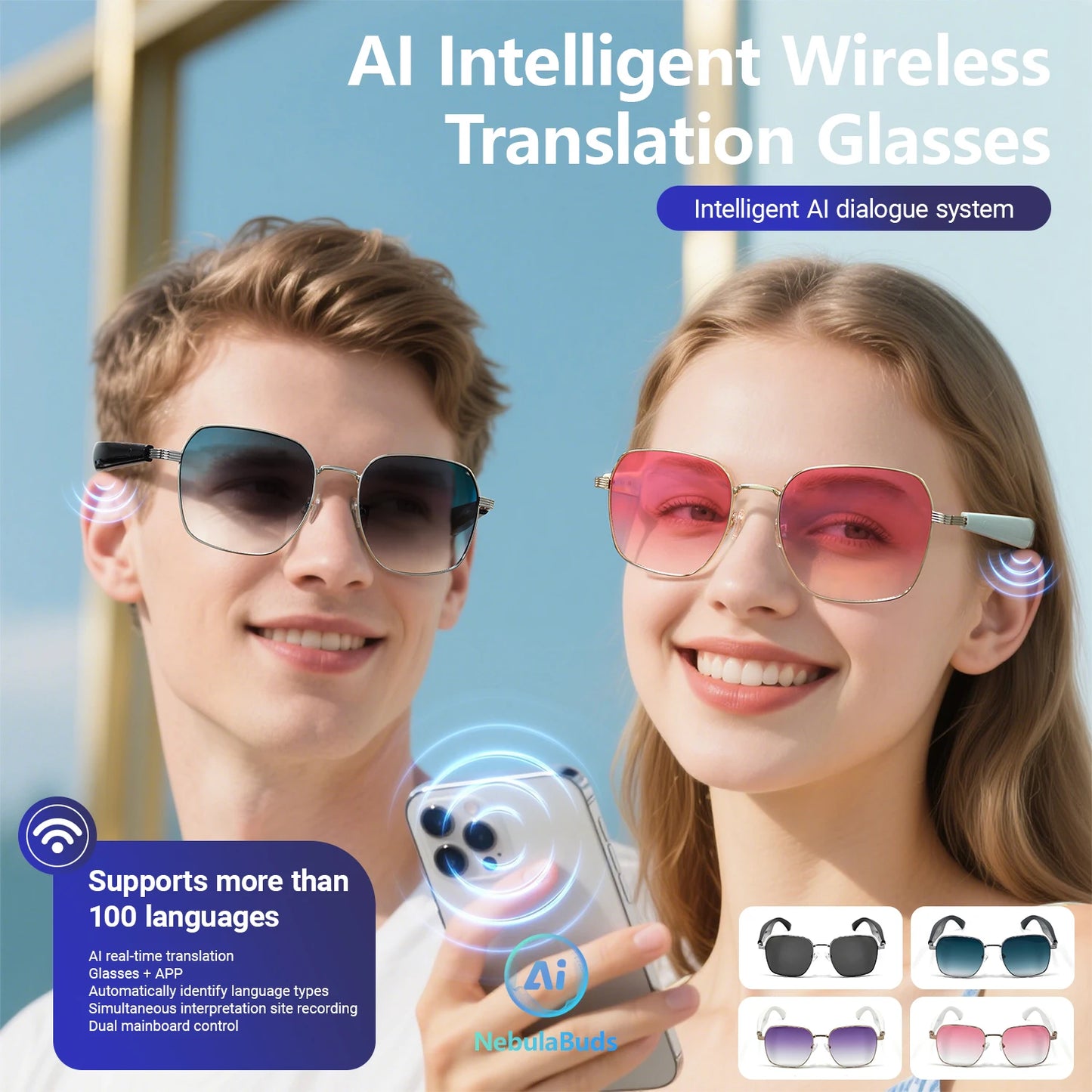 LIGE BWGY300 Smart Glasses 2025 – Women's Bluetooth Sunglasses, AI Translation, UV400, Music & Calls