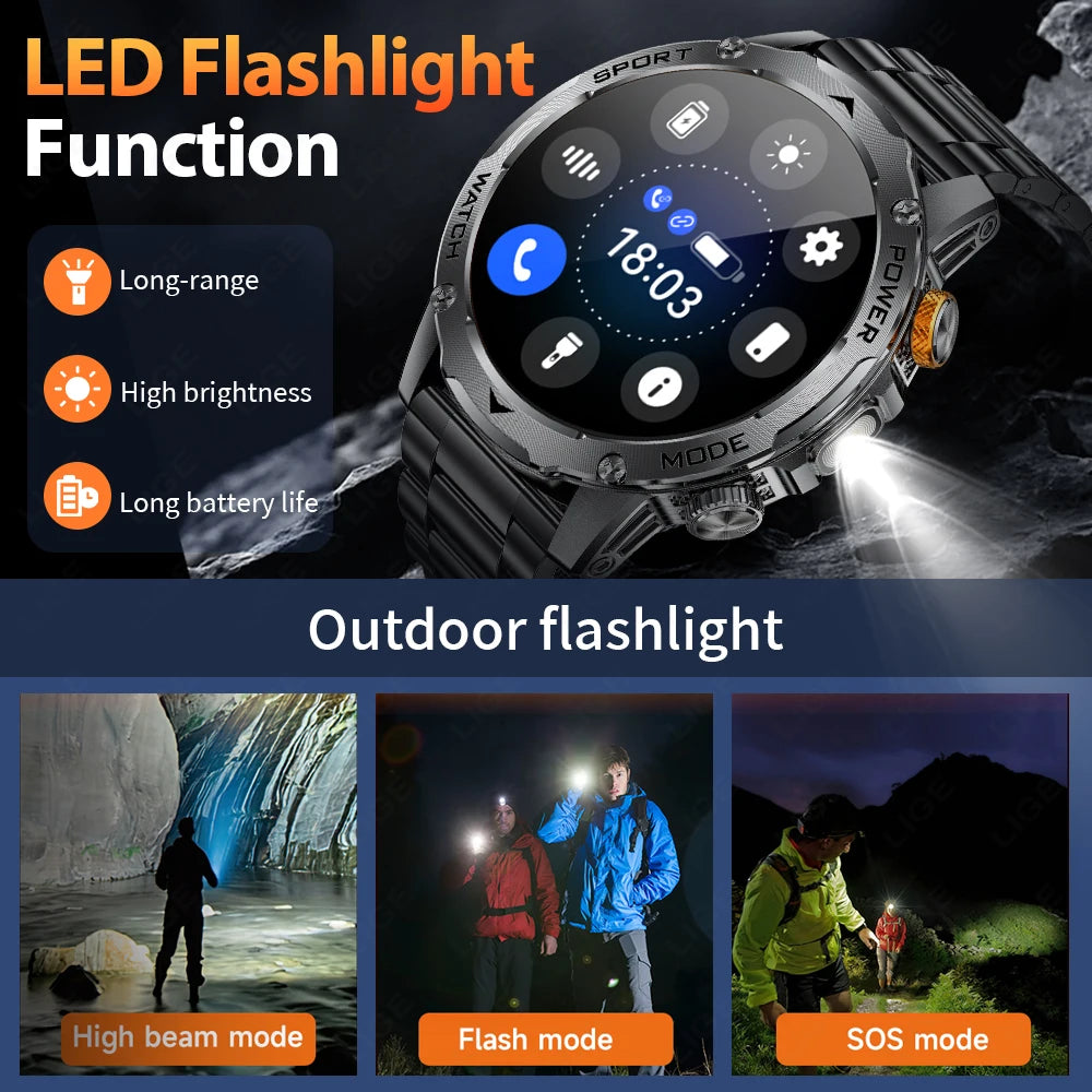 LIGE Smartwatch Men 2025 – 1000 mAh Battery, Outdoor, Bluetooth Call, Sports & Flashlight