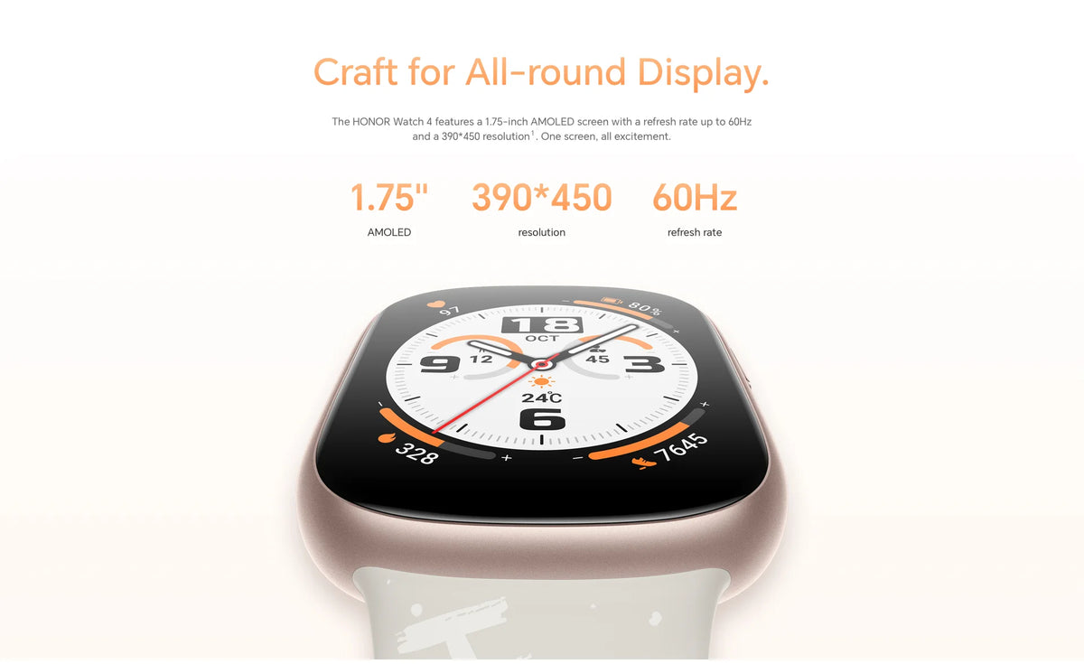 ساعة HONOR Watch 4 الذكية - شاشة AMOLED مقاس 1.75 بوصة، نظام تحديد المواقع العالمي (GPS)، معدل ضربات القلب ونسبة الأكسجين في الدم (SpO₂)، بلوتوث 5.2، مقاومة للماء حتى عمق 5 أمتار، بطارية تدوم 14 يومًا | تاجي تيك