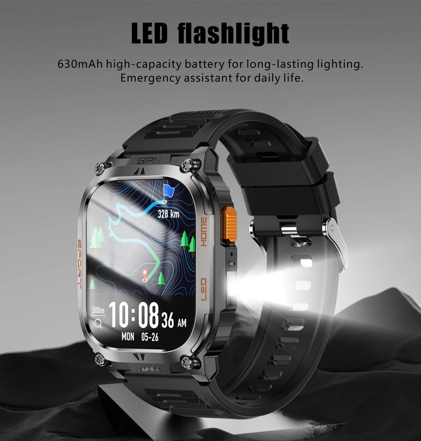 LIGE 2025 Smartwatch Men – 2.01" HD AMOLED, GPS, IP68 Waterproof, Outdoor Sports, LED Flashlight, Bluetooth Calls