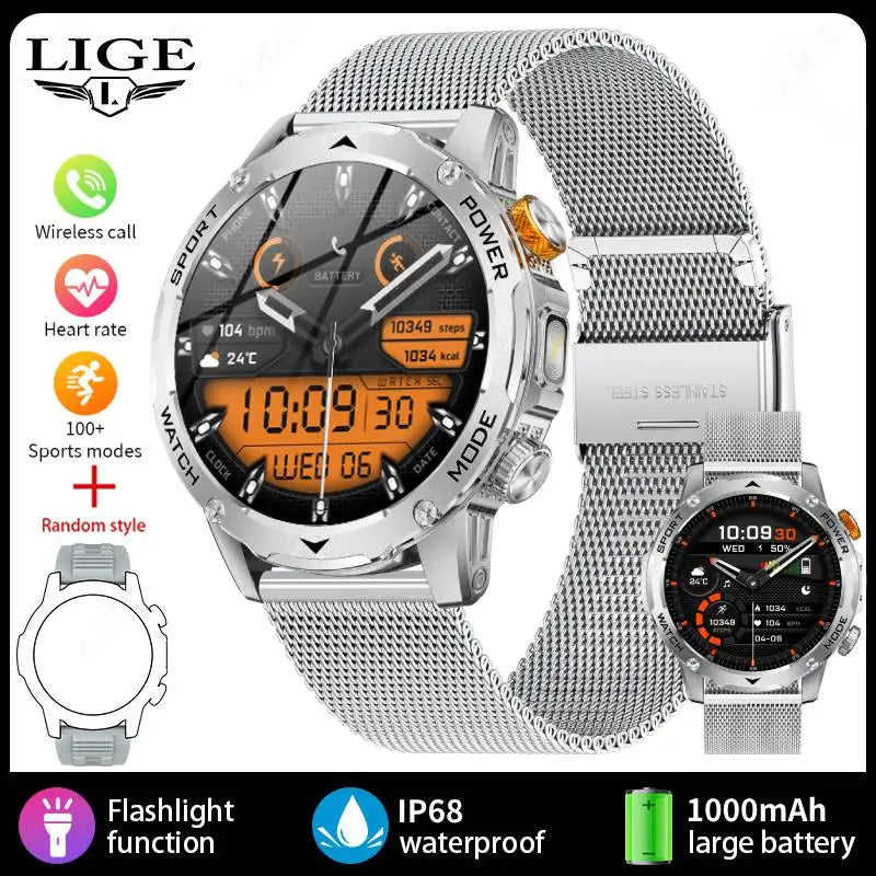 LIGE Smartwatch Men 2025 – 1000 mAh Battery, Outdoor, Bluetooth Call, Sports & Flashlight