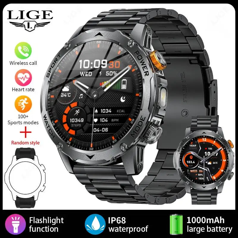 LIGE Smartwatch Men 2025 – 1000 mAh Battery, Outdoor, Bluetooth Call, Sports & Flashlight