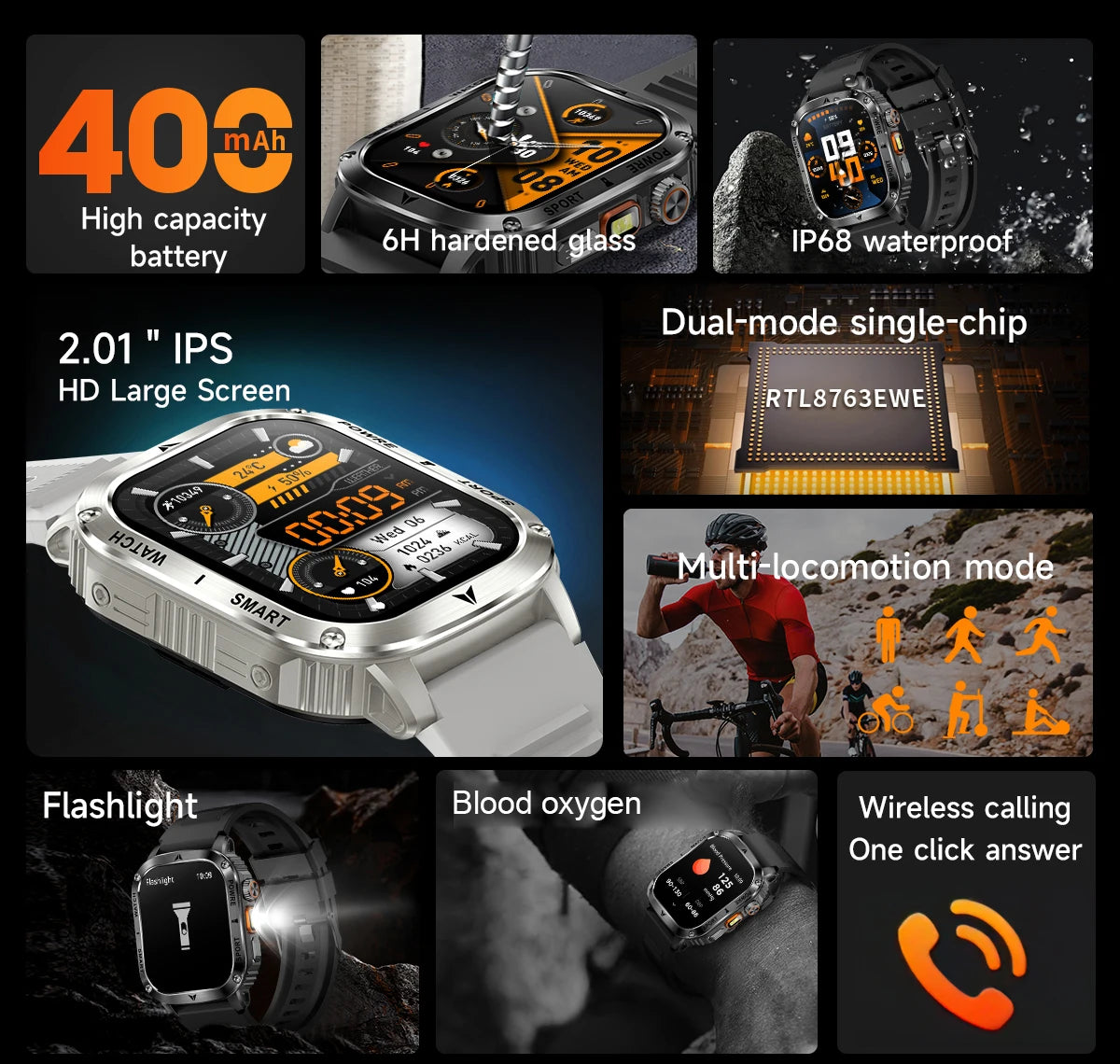 LIGE 2025 Premium Military Smartwatch Men – Outdoor Sports Tracker, Bluetooth Call, Flashlight, IP68 Waterproof, 400 mAh Battery