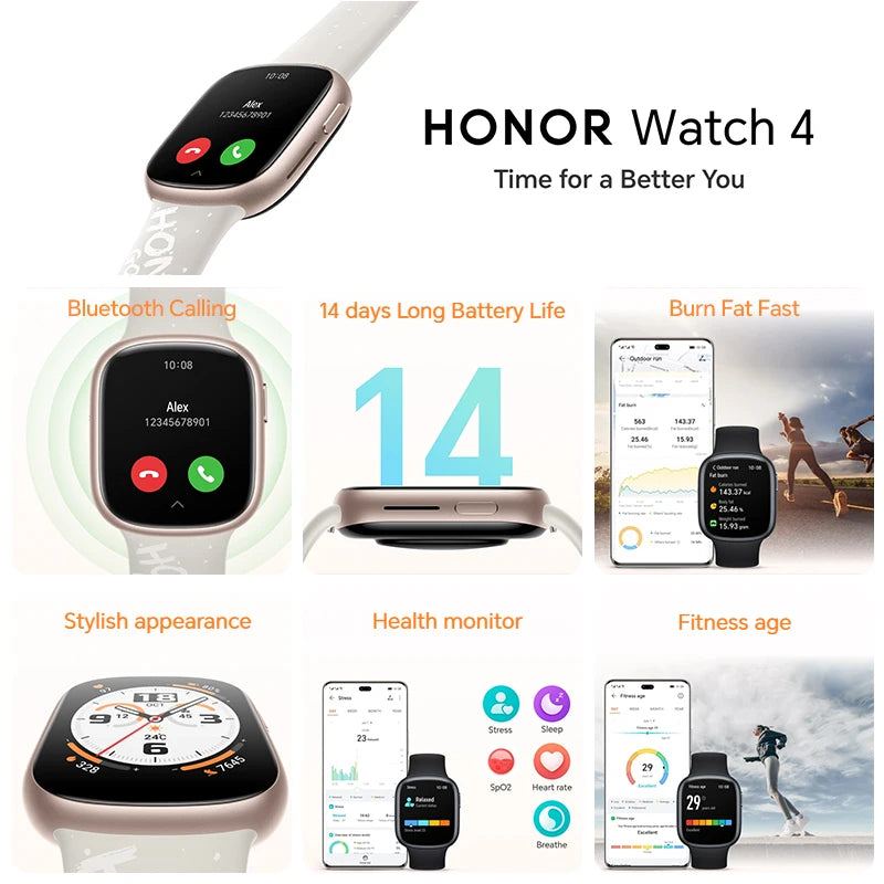 ساعة HONOR Watch 4 الذكية - شاشة AMOLED مقاس 1.75 بوصة، نظام تحديد المواقع العالمي (GPS)، معدل ضربات القلب ونسبة الأكسجين في الدم (SpO₂)، بلوتوث 5.2، مقاومة للماء حتى عمق 5 أمتار، بطارية تدوم 14 يومًا | تاجي تيك