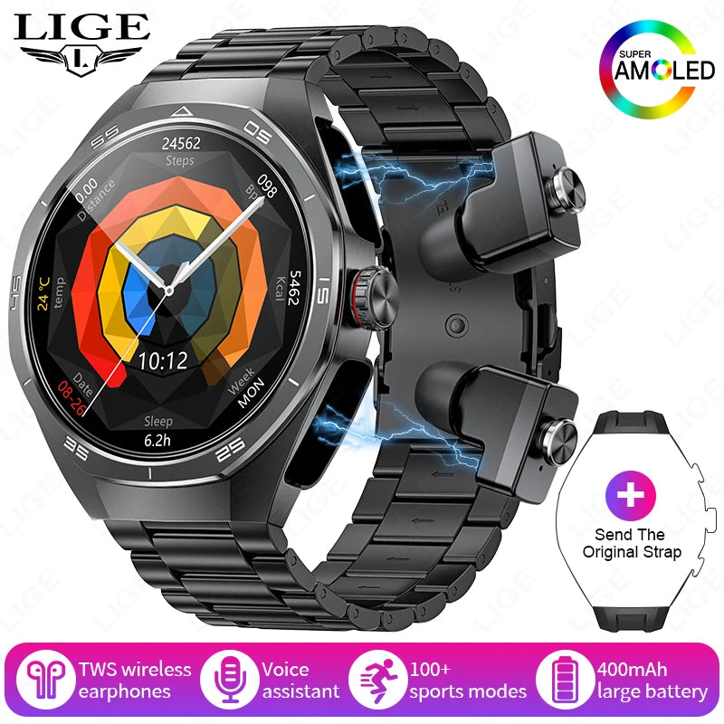 2025 LIGE 2-in-1 Smartwatch Men – NFC, Built-in TWS Earphones, 1.53-inch HD AMOLED, Bluetooth Call, Fitness & Sports Smartwatch