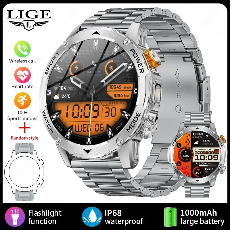 LIGE Smartwatch Men 2025 – 1000 mAh Battery, Outdoor, Bluetooth Call, Sports & Flashlight