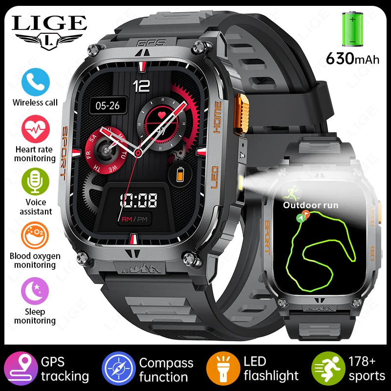 LIGE 2025 Smartwatch Men – 2.01" HD AMOLED, GPS, IP68 Waterproof, Outdoor Sports, LED Flashlight, Bluetooth Calls
