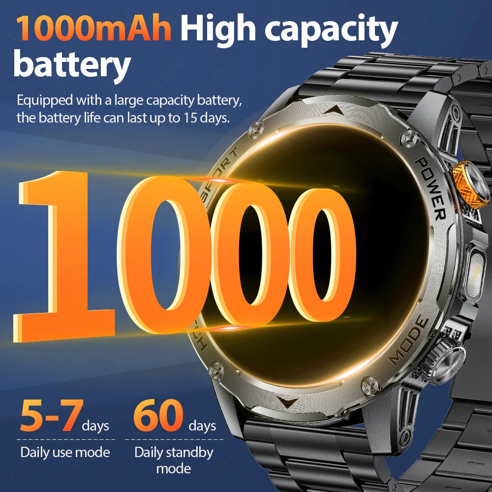 LIGE Smartwatch Men 2025 – 1000 mAh Battery, Outdoor, Bluetooth Call, Sports & Flashlight