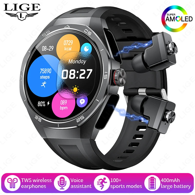 2025 LIGE 2-in-1 Smartwatch Men – NFC, Built-in TWS Earphones, 1.53-inch HD AMOLED, Bluetooth Call, Fitness & Sports Smartwatch