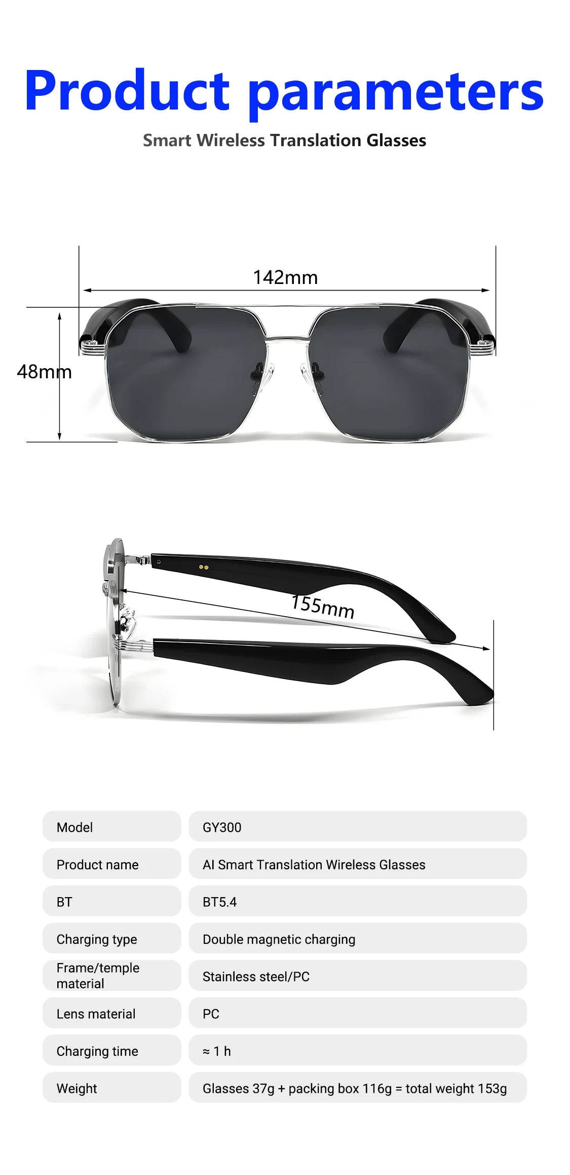 LIGE BWGY300 Smart Glasses 2025 – Women's Bluetooth Sunglasses, AI Translation, UV400, Music & Calls