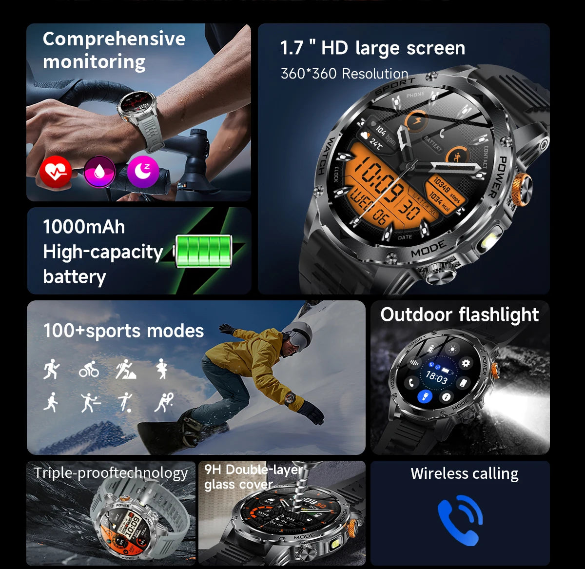 LIGE Smartwatch Men 2025 – 1000 mAh Battery, Outdoor, Bluetooth Call, Sports & Flashlight