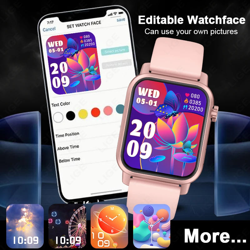 LIGE LED Smartwatch Women – 1.85″ HD Screen, Health Monitor, Fitness Tracker, AI Voice Assistant, Bluetooth Call